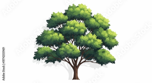A vibrant green tree stands alone on a white background in illustration style.