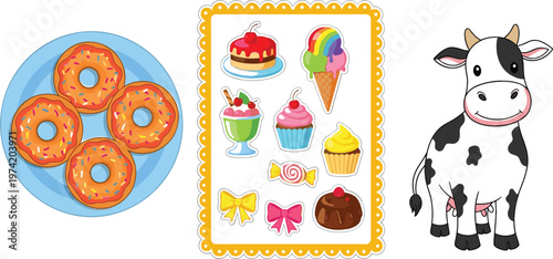 Sweet desserts collection with donuts ice cream cupcake candy and cute cow cartoon vector illustration set
