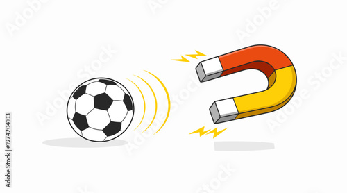 Magnet attracting football ball. Lead generation and attraction concept. Magnet pulling soccer ball symbolizing attraction and engagement. Useful for marketing and sports themes.