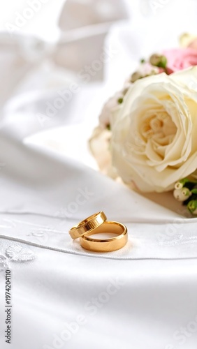 An intimate close-up featuring two golden rings, a delicate floral arrangement, and the folds of silky white fabric. The soft lighting creates a romantic ambiance