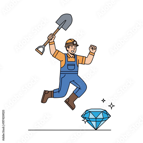 Miner jumping with joy holding shovel next to discovered diamond, success concept