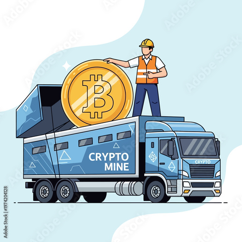 Miner loading large bitcoin into crypto mine truck, cryptocurrency mining concept