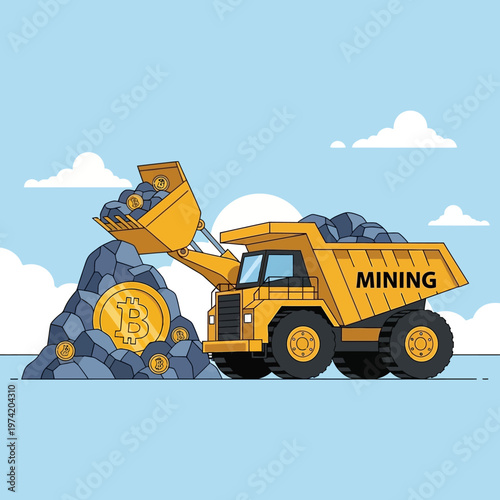 Bitcoin Mining Truck Excavating Cryptocurrency Coins from Rocks