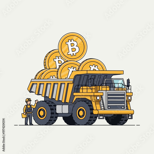 Bitcoin Mining Truck Full of Gold Coins with Miner