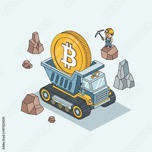 Bitcoin mining truck hauling giant cryptocurrency coin with miner digging rocks