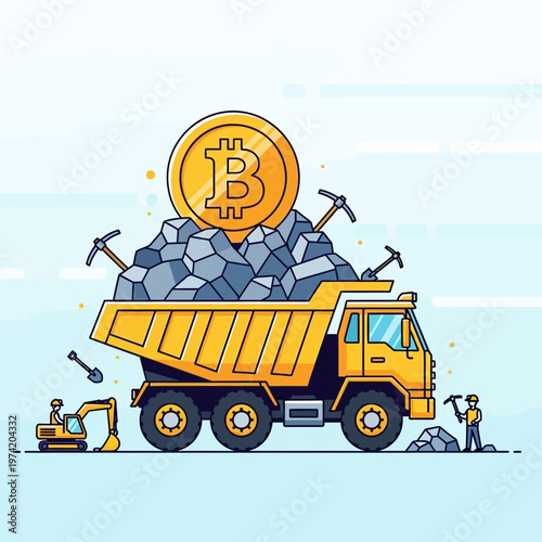 Bitcoin Mining Truck with Gold Coin and Miners, Cryptocurrency Mining Concept