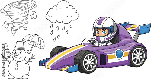 Cartoon racing car driver with weather icons tornado rain cloud and snowman winter illustration