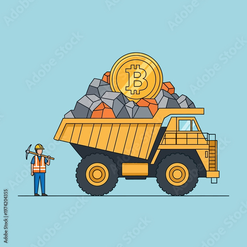 Bitcoin Mining Truck with Miner and Pickaxe - Cryptocurrency Mining Concept
