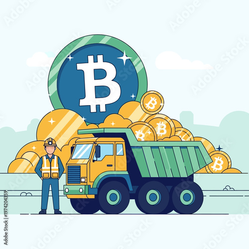 Bitcoin Mining Truck with Miner and Gold Coins - Cryptocurrency Concept