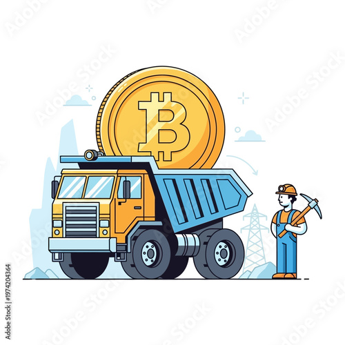 Bitcoin Mining Truck with Miner, Cryptocurrency Concept