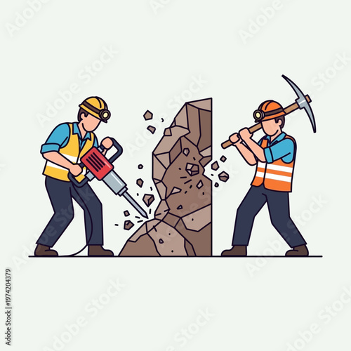 Construction workers breaking rock with jackhammer and pickaxe, demolition, teamwork