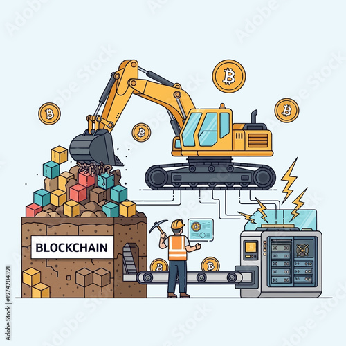 Blockchain mining concept: excavator digging blocks, miner processing data, bitcoin symbols