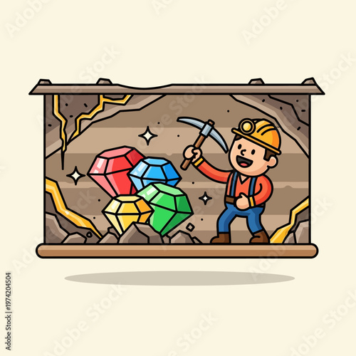 Miner digging for precious gems in a mine, cartoon style