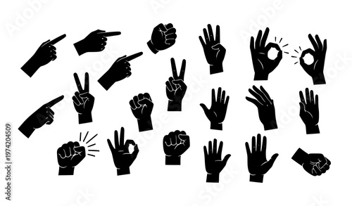 Dynamic black hand gesture silhouettes vector set diverse arm positions for modern communication icons