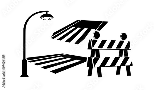 Dynamic black urban silhouettes vector set street lamp crosswalk and construction barrier icons