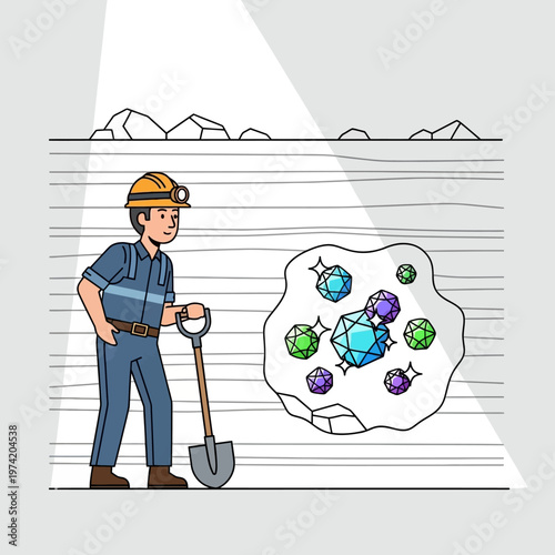 Miner discovering precious gemstones in underground mine, illustration