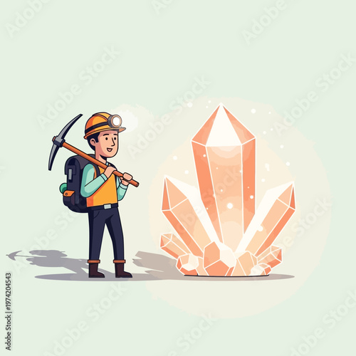 Miner Discovering Large Glowing Crystals in a Cave