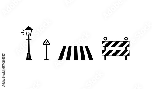 Minimal geometric urban icons black silhouette vector row street lamp crosswalk construction barrier