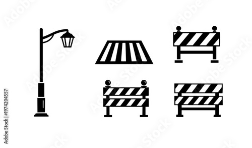 Urban element silhouettes vector set black street lamp crosswalk construction barrier icons