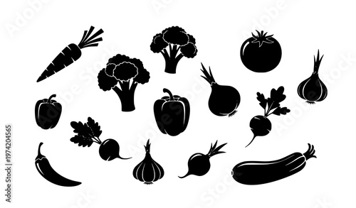 Dynamic black vegetable silhouettes vector set diverse healthy produce icons for food and cooking design
