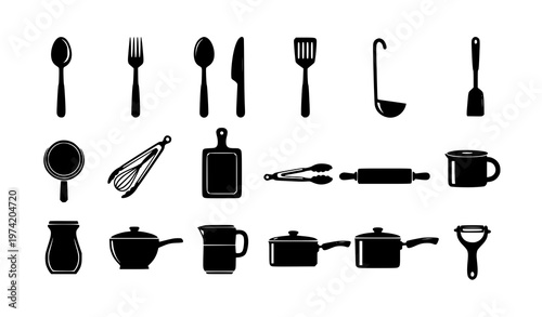 Kitchen utensils icon set black silhouette cutlery and cooking tools collection for food and culinary design