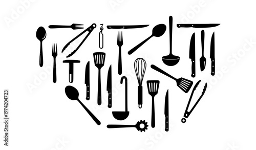Dynamic kitchen utensil silhouettes black cooking tools and cutlery vector set for modern food design