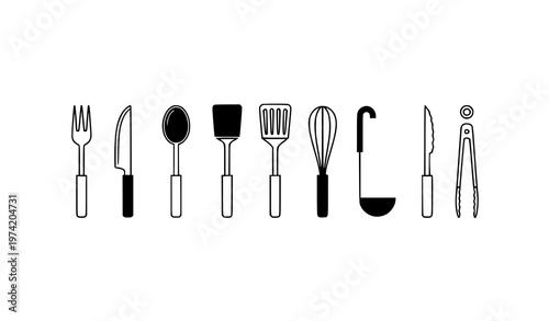 Minimal kitchen utensils and cutlery icons geometric black vector set clean cooking tools design