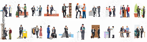 Large Collection of Professional Journalists Interviewing Diverse Experts and Workers in Various Occupational Environments, Flat Vector Illustration Style