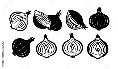 Stylized black onion silhouettes with halved and whole vegetables modern vector for culinary design