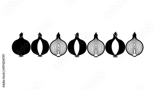 Minimal geometric onion silhouettes row black vector set with whole and halved vegetables illustration
