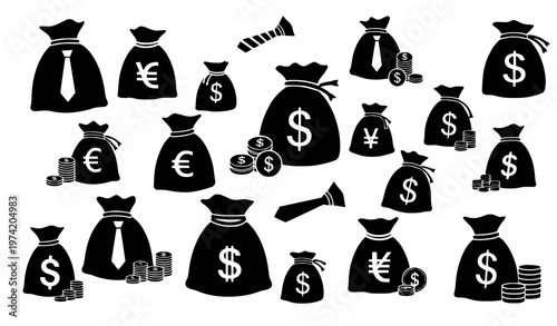 Dynamic money bag silhouettes with currency symbols bold finance icon set for business and investment design