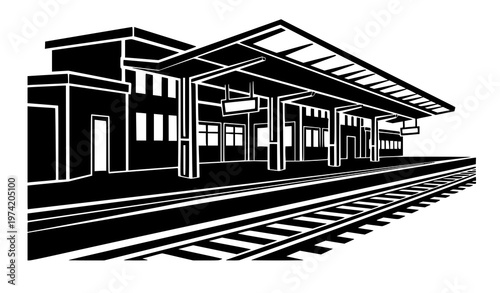 Train platform with station building black silhouette vector minimal railway scene with bold clean lines