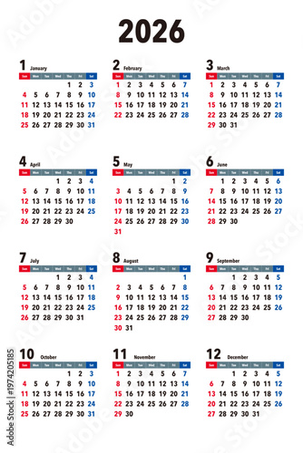 2026 Calendar Planner | Vector annual or monthly page layout for wall, desk calendar with week starts on Sunday | Modern calendar with red & black font colour