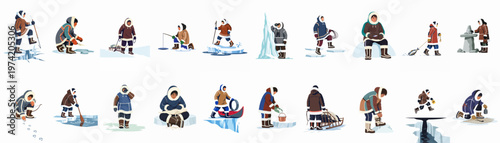 Collection of Inuit People Engaging in Traditional Arctic Activities like Ice Fishing Hunting and Sledding Illustration Set on White Background