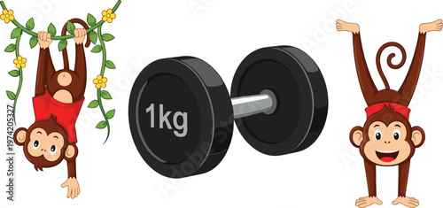 Funny monkeys doing acrobatic poses with 1kg dumbbell fitness equipment cartoon vector illustration collection