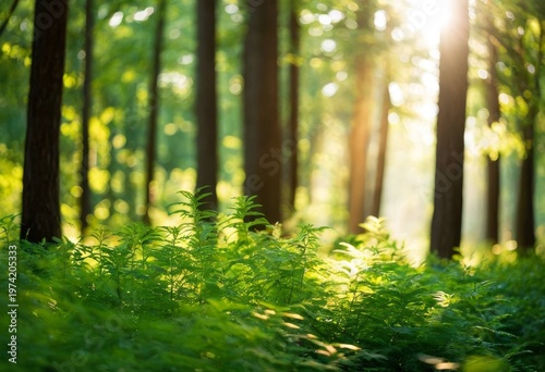 Morning sunlight filtering through green forest and ferns
