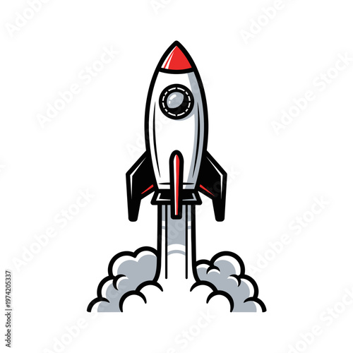 Retro Rocket Launching into Space, Emitting Smoke and Fire, Vintage Style