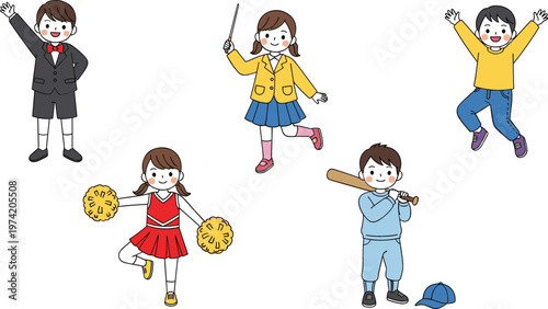 Cute kids characters performing different activities including dancing cheering conducting and playing baseball cartoon children vector illustration set