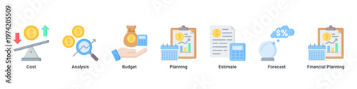 Cost Strategy web banner icon vector illustration with icons of Cost,Analysis,Budget,Planning,Estimate,Forecast and Financial Planning