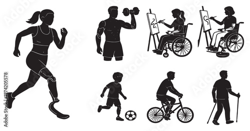 Diverse group of people engaged in various activities, including sports, art, and recreation, showcasing inclusivity and ability.