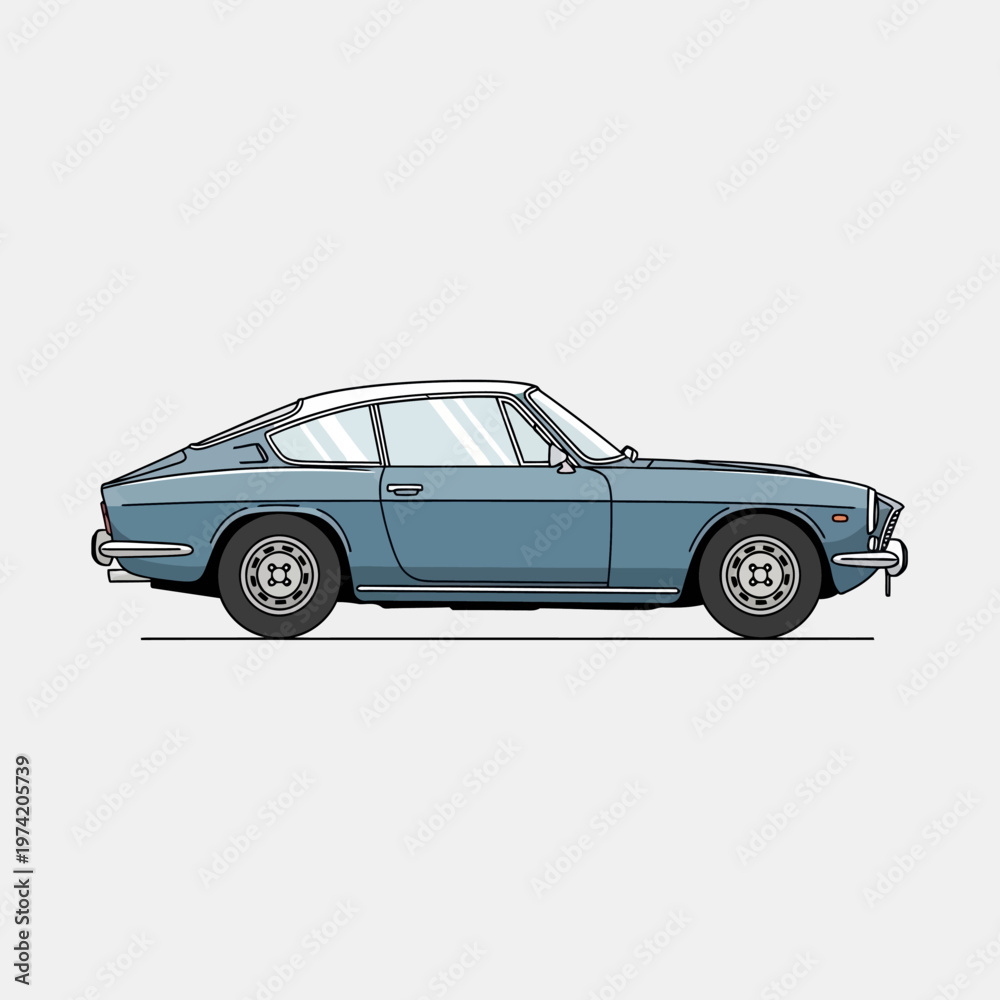 Fototapeta premium Classic Blue Sports Car Coupe Side View Illustration