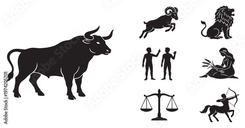 Collection of Zodiac Constellation Silhouettes Including Taurus, Aries, Leo, Gemini, Libra, Sagittarius, and Virgo.
