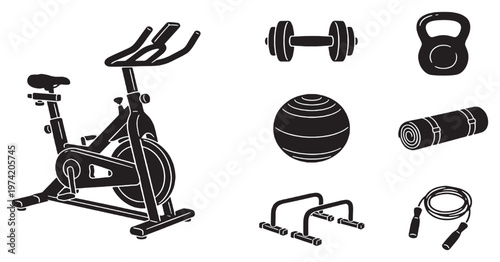 Collection of black and white fitness equipment icons including a stationary bike, dumbbells, kettlebell, exercise ball, yoga mat, push-up bars, and jump rope.