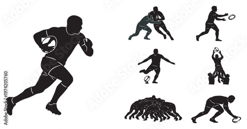 Collection of Silhouette Illustrations Depicting Various Rugby Actions and Players.