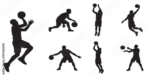 Collection of basketball player silhouettes in various action poses on a white background.
