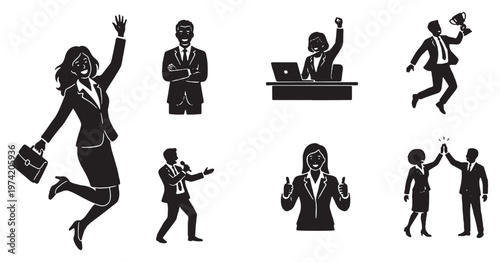 Set of business people celebrating success and achievements with joy and enthusiasm.