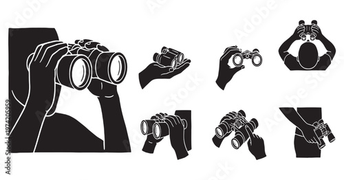 Collection of illustrations showing hands holding and using binoculars from various angles.