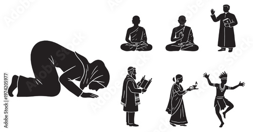 Diverse religious figures depicted in silhouette, representing different faiths and practices.