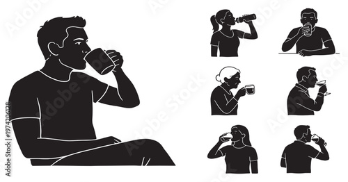 Collection of Silhouettes of People Drinking Various Beverages.