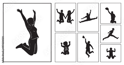 Collection of diverse people silhouettes jumping and celebrating with joy and freedom.